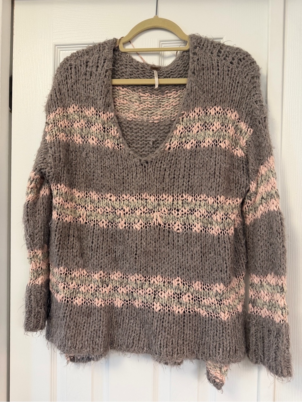 Cozy V-Neck Chunky Knit Sweater in Taupe with Pink Stripes